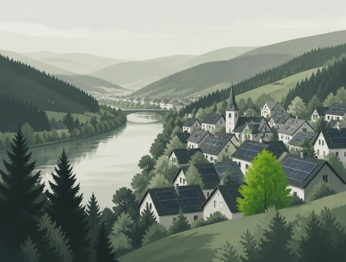 Stilisierte Illustration eines Tals im Sauerland mit Fluss, Wald und Solardächern