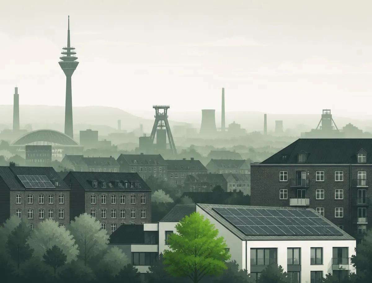 Stilisierte Illustration einer Ruhrgebietsstadt mit Backsteinhäusern und Solardächern