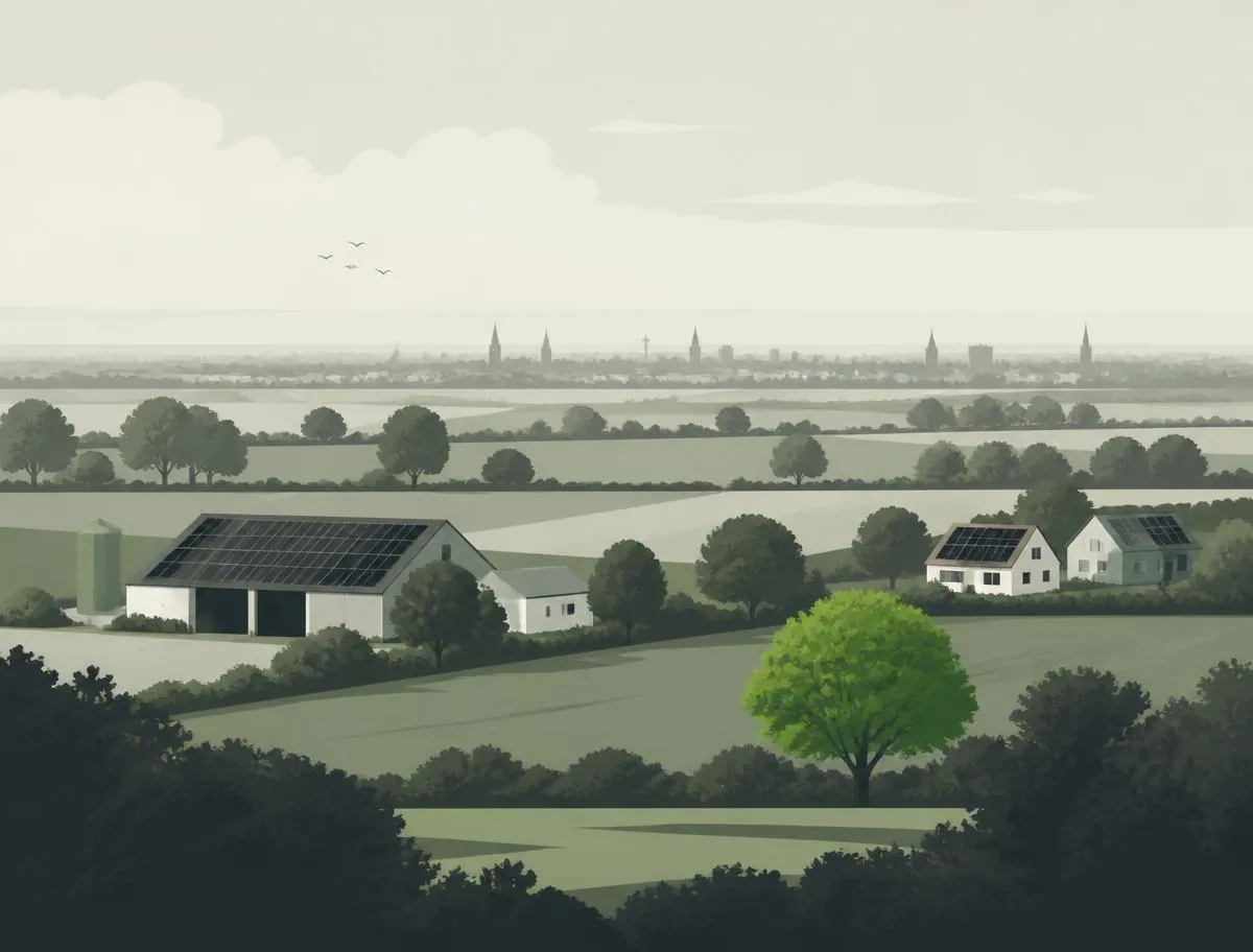 Stilisierte Illustration einer weiten westfälischen Ebene mit Hof und Solardächern