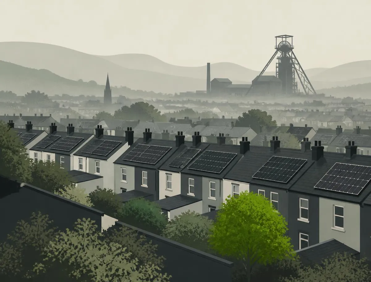 Stilisierte Illustration dicht bebauter Wohnstraßen mit Solardächern und Fördergerüst im Hintergrund