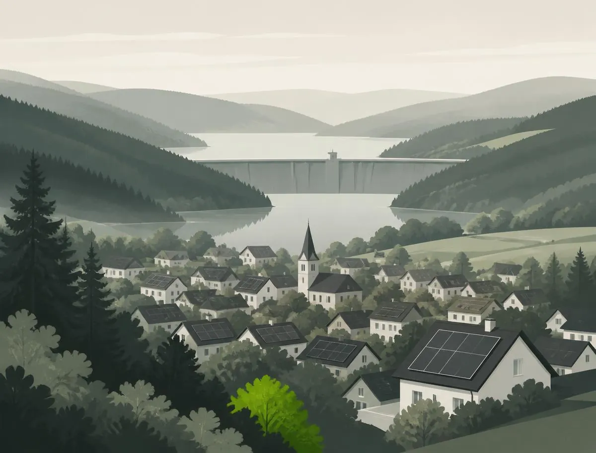 Stilisierte Illustration einer Sauerlandstadt mit Talsperre und Solardächern