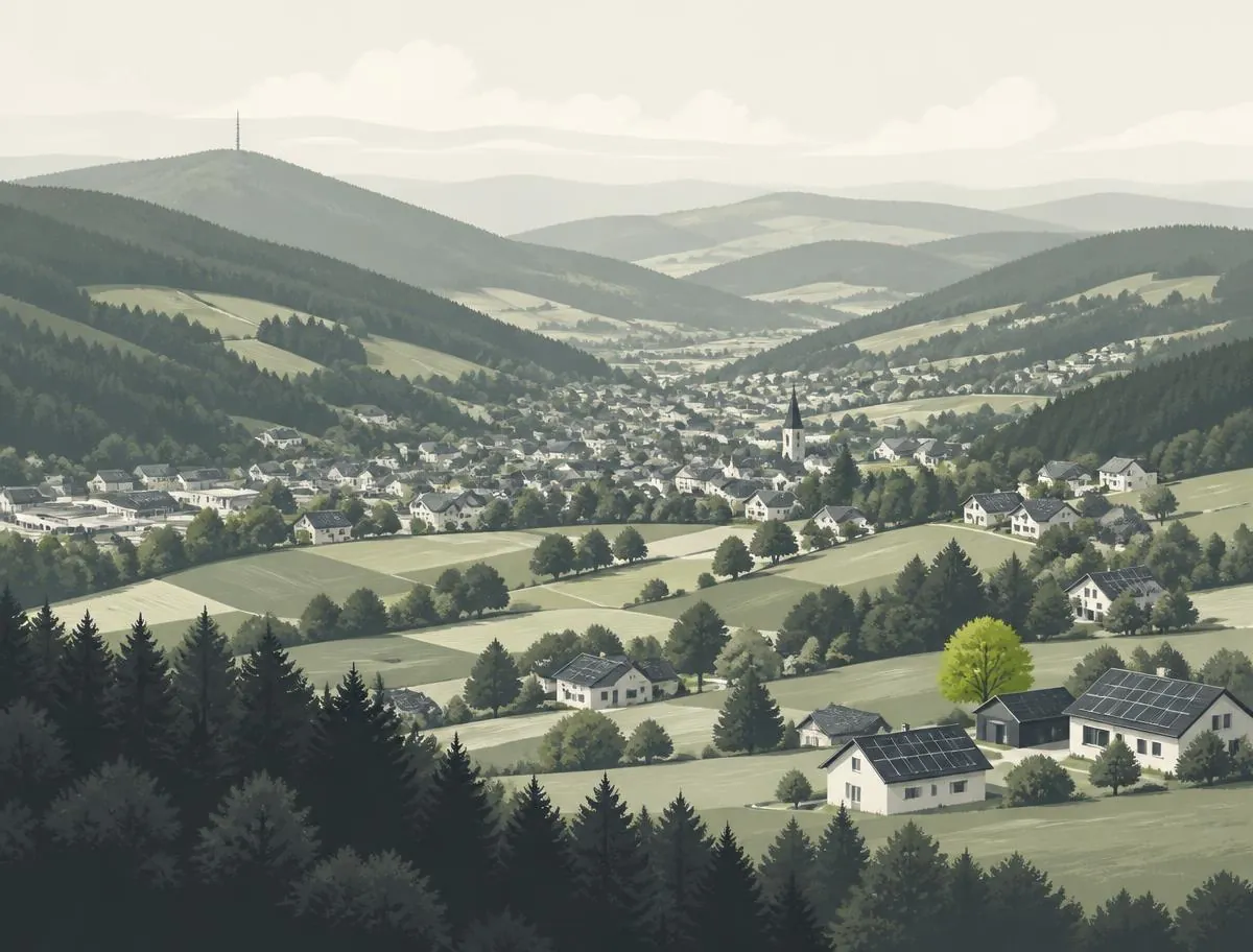 Stilisierte Illustration einer südwestfälischen Landschaft mit Ortschaften und Wohnhäusern