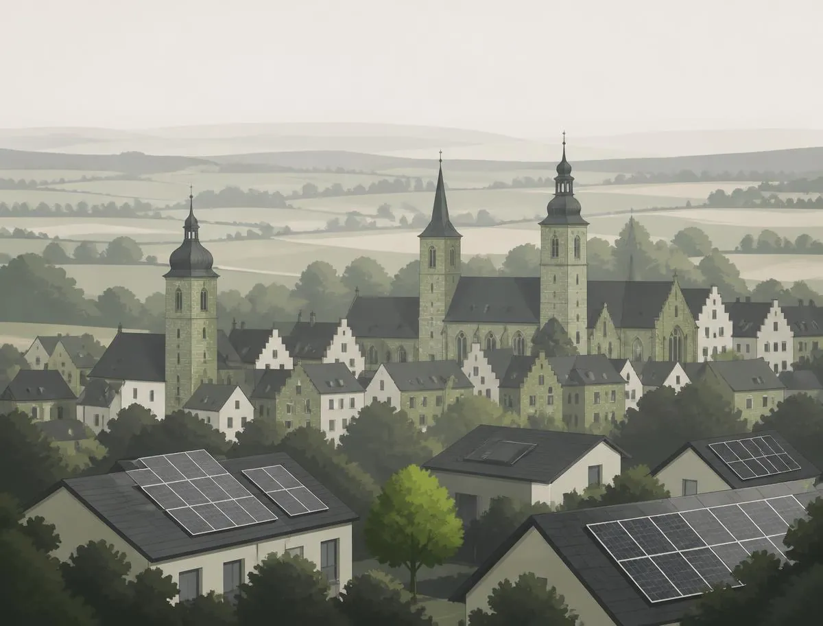 Stilisierte Illustration einer historischen Altstadt mit Kirchtürmen und Solardächern