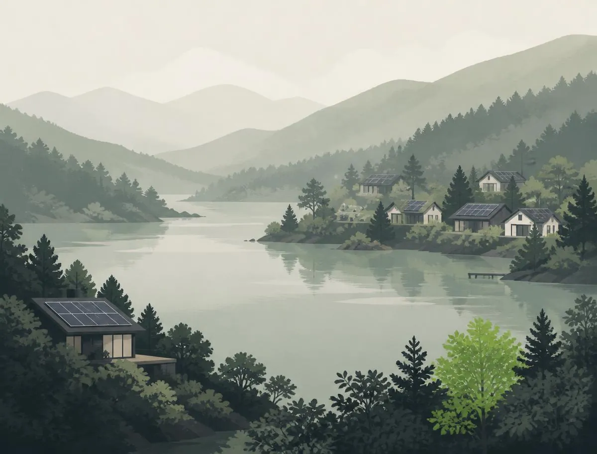 Stilisierte Illustration einer Seenlandschaft mit bewaldeten Hügeln und Solardächern
