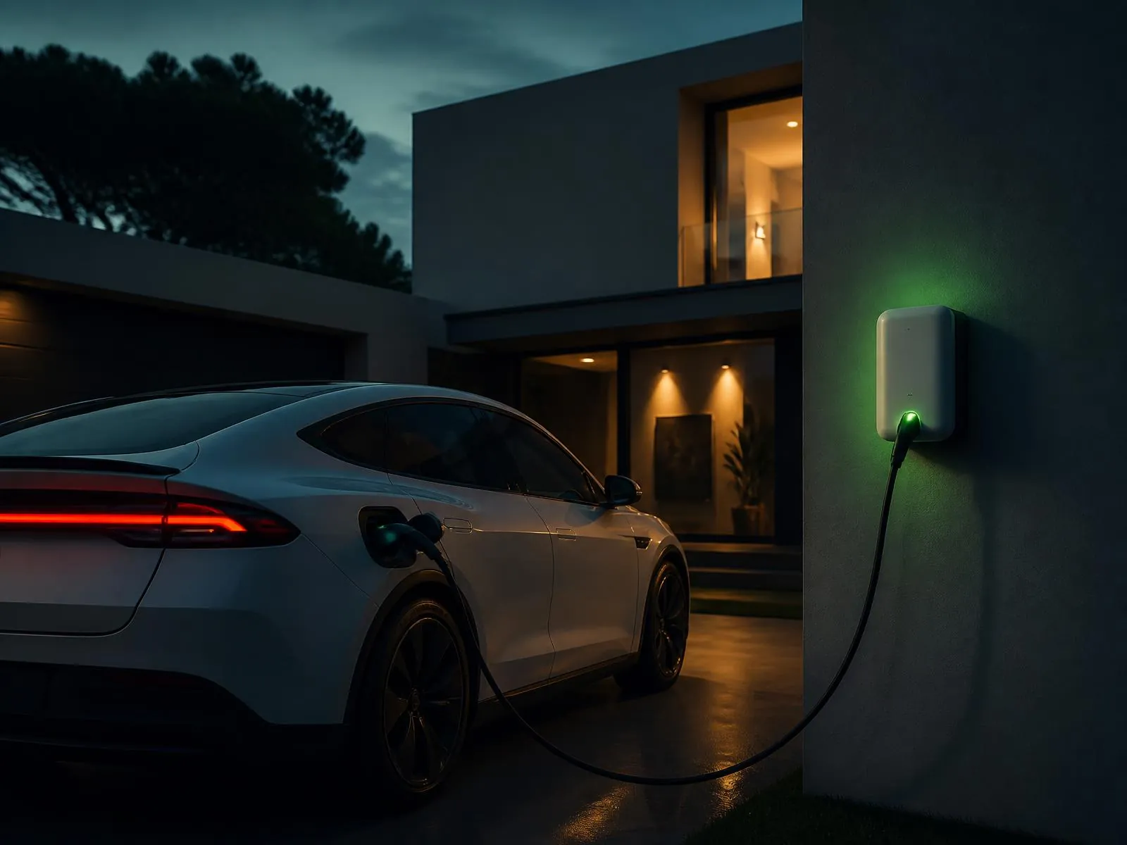 Modernes Wohnhaus in der Abenddämmerung mit Wallbox an der Hauswand und ladendem Elektroauto